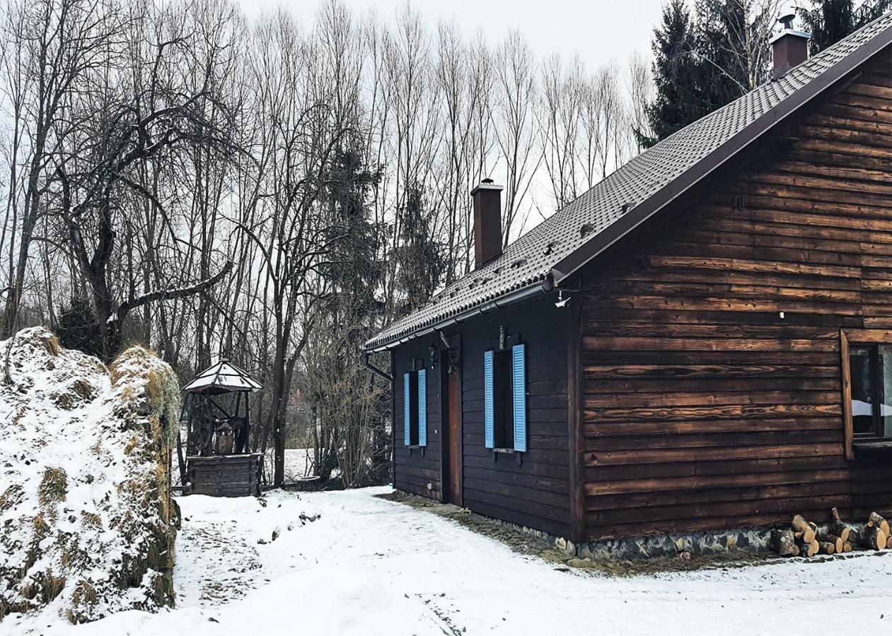 Dom z bali zimą, niebieskie okiennice, śnieg na podwórzu i stara studnia w tle