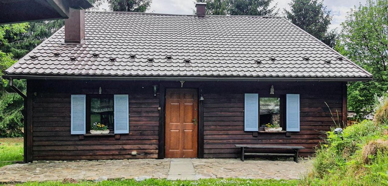 Drewniany dom z ciemnych bali, niebieskie okiennice i drewniane drzwi, przed domem kamienny taras