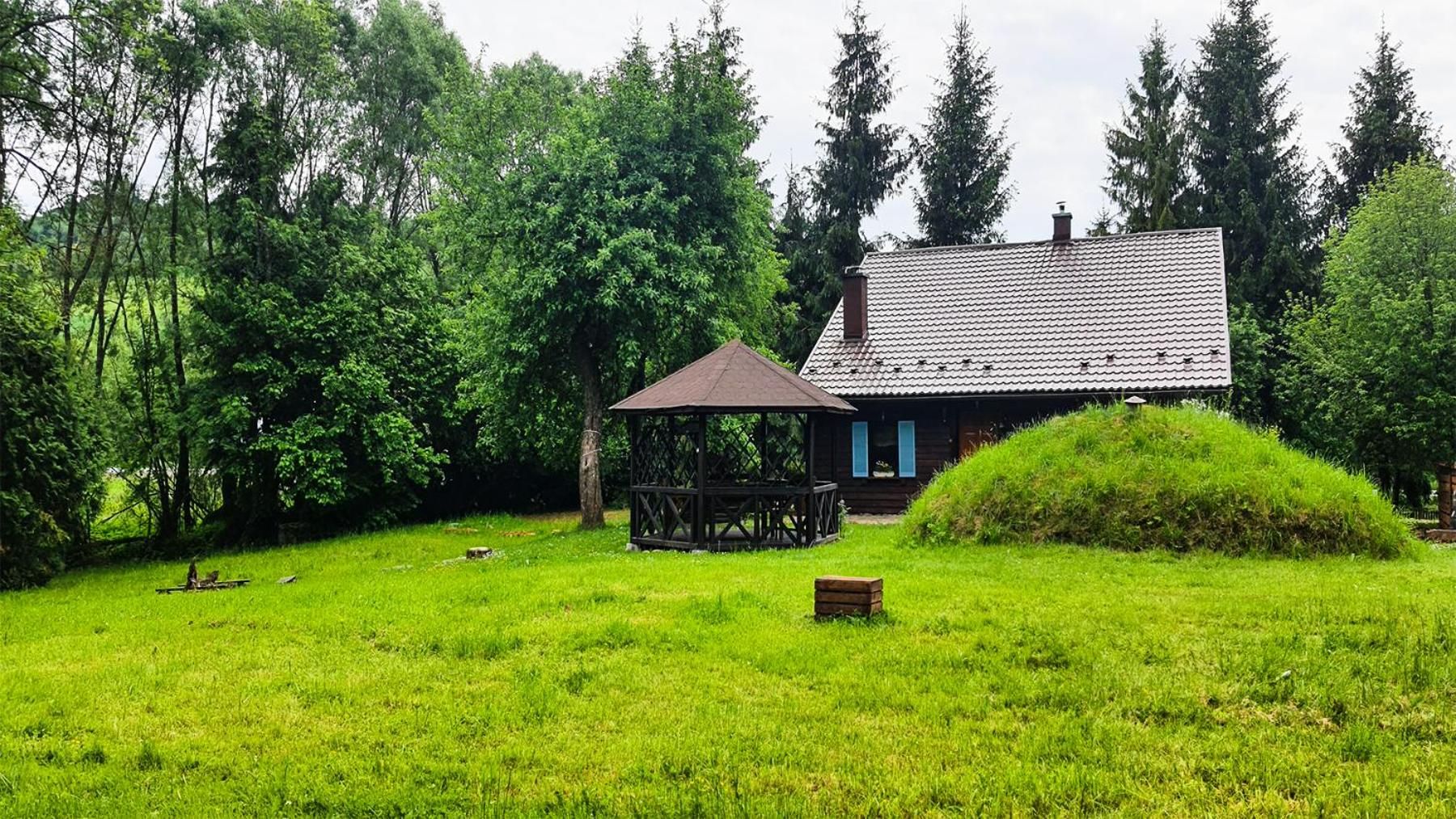 Drewniany dom z niebieskimi okiennicami w głębi zielonej łąki, obok altana i porośnięta trawą ziemianka, za domem wysokie świerki
